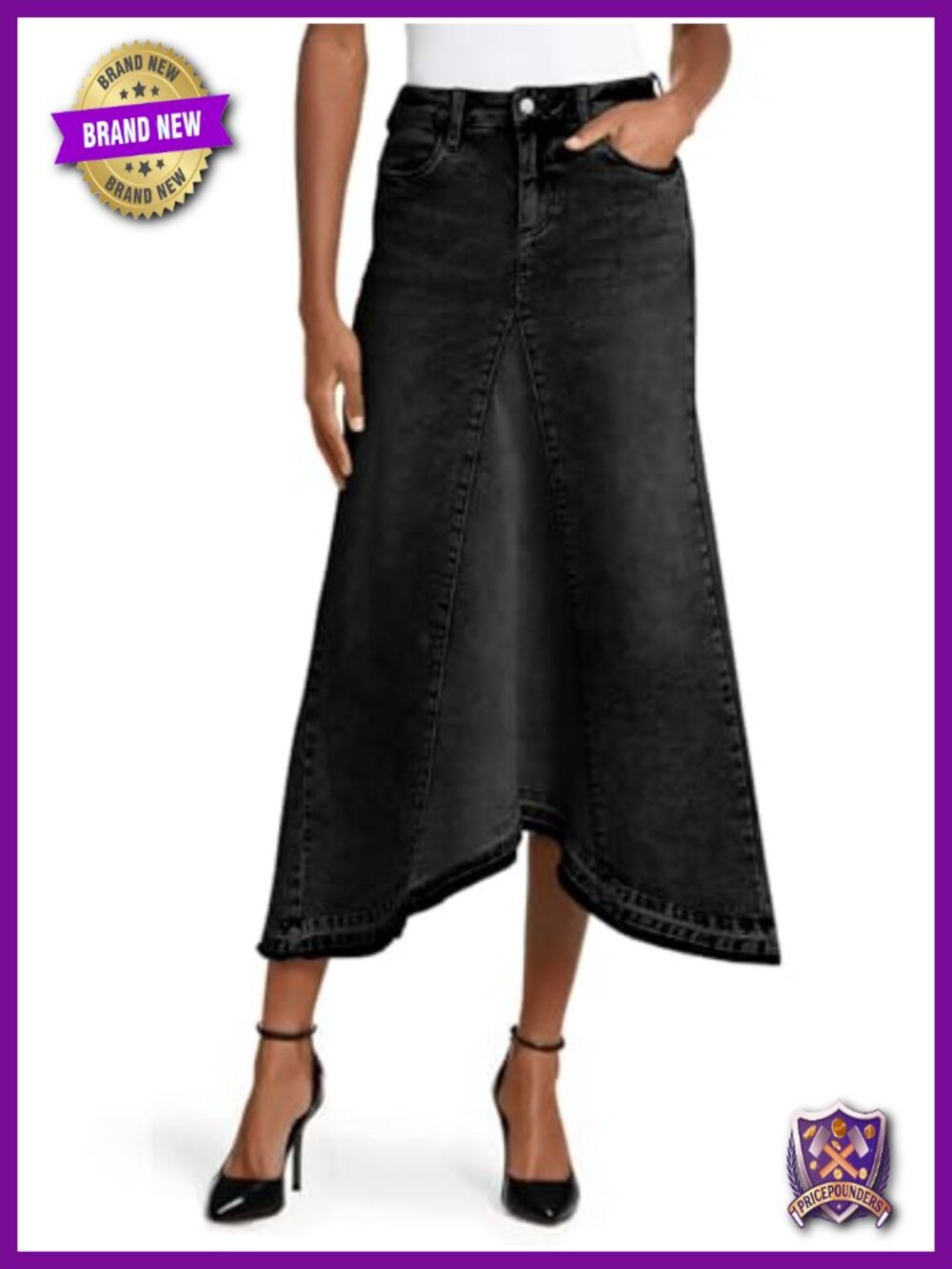 High Waist Denim Maxi Skirt A-Line Asymmetric Fringed Hem Cotton Blend